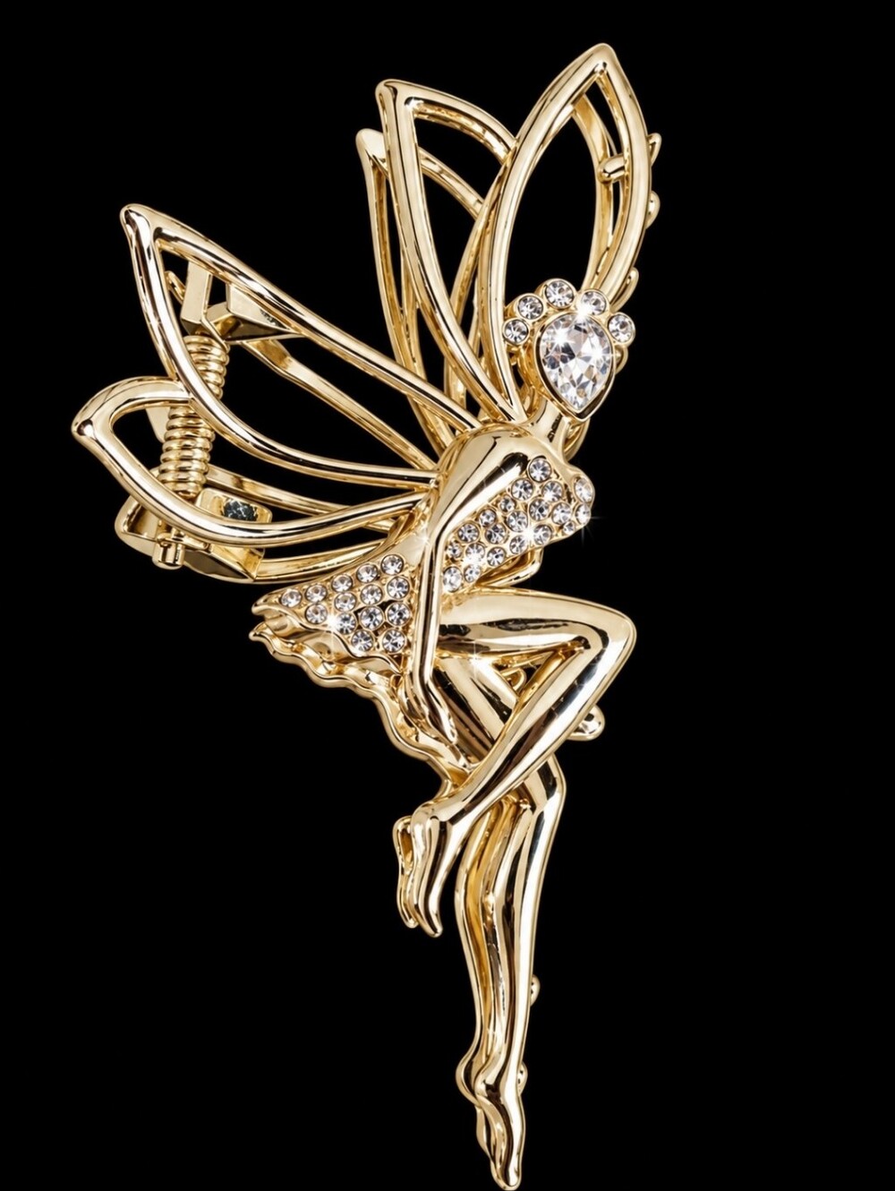 Tinkerbell Fairy Metal Hair Clamper Clip Hair Jewelry Gold Tone Claw Rhinestones